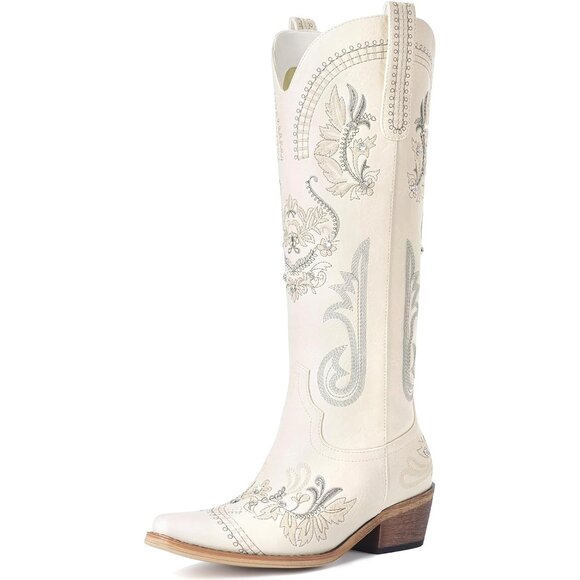 Women Polyurethane Cream Rhinestone Embroidered Chunky Heel Knee High Tall Boots - Picture 1 of 5